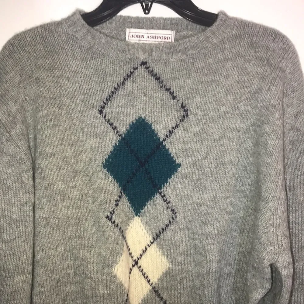 John Ashford Men's Knitted Pure Wool Geometric Print Long Sleeve Gray Sweater Si